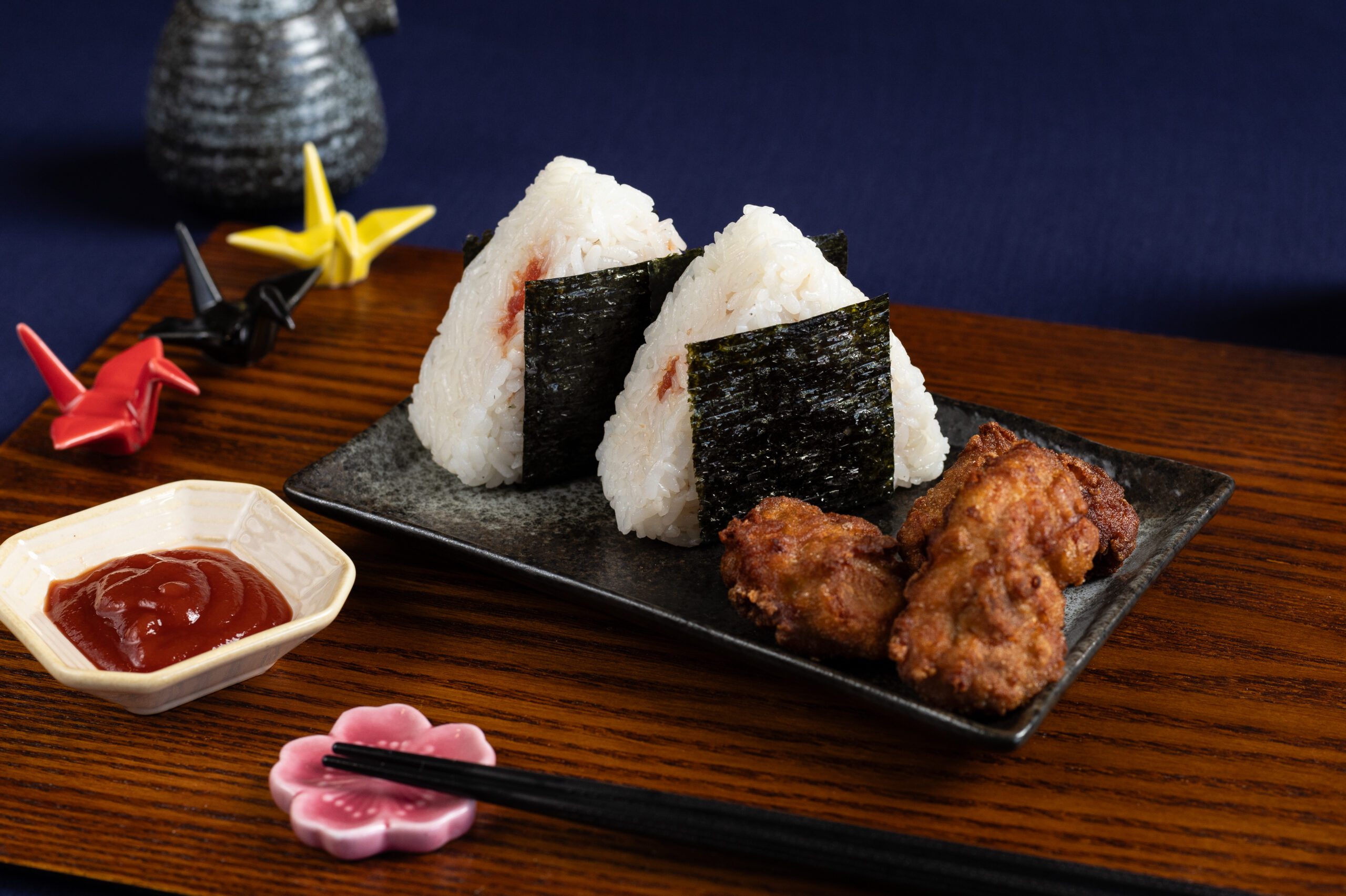 Onigiri rice ball and karaage Japanese fried chicken served at Inari Grill, the Japanese restaurant in LA